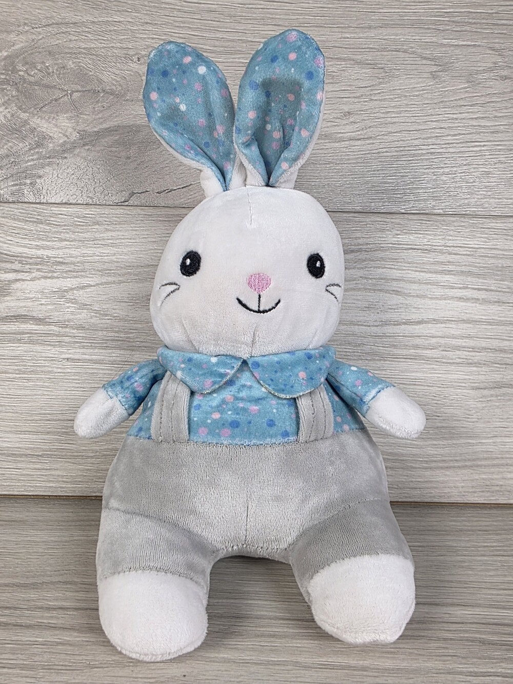 Dollarama Plush Rabbit Stuffed Animal w Blue Polka Dot Shirt Ears Gray SU25